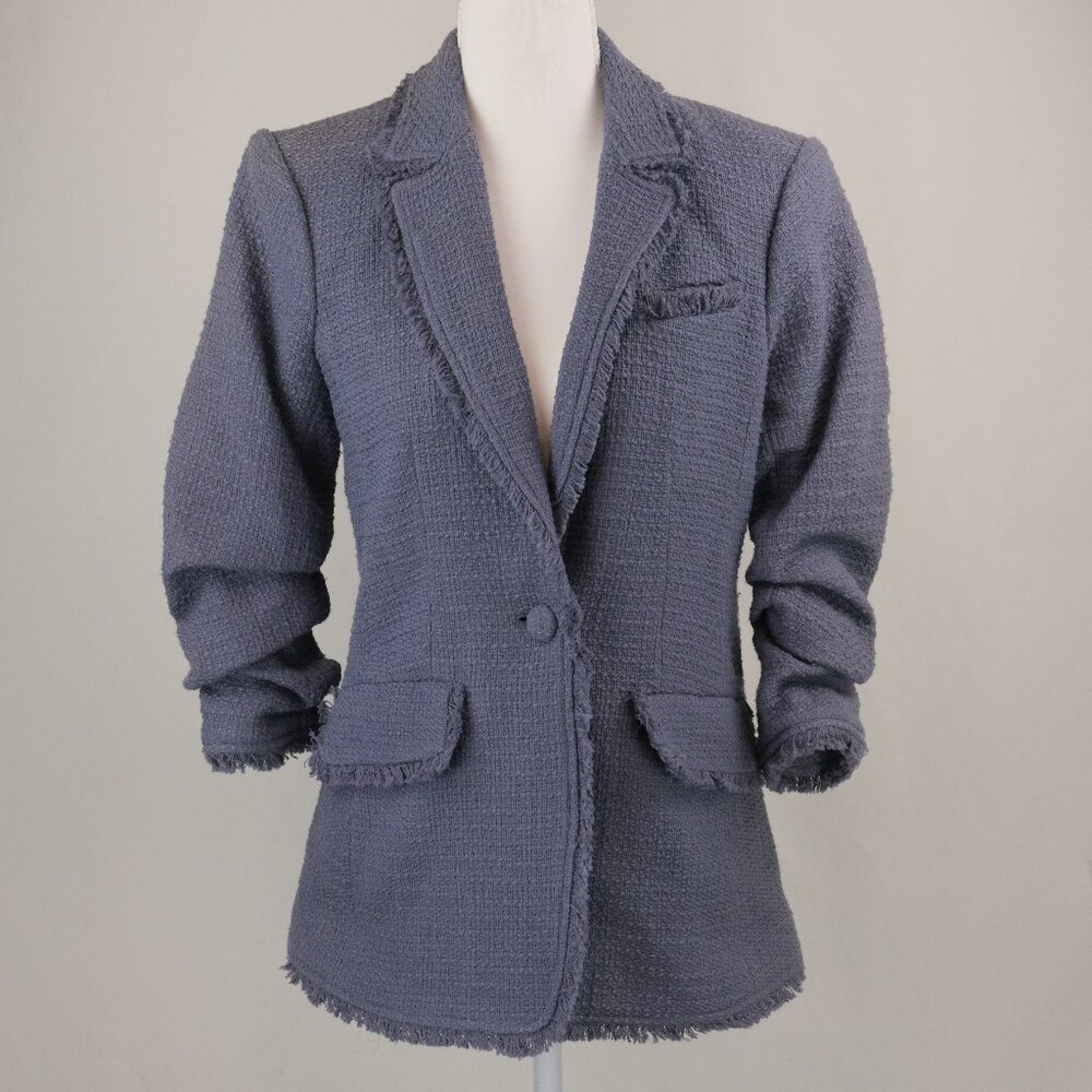 Cinq à Sept Boucle Khloe Tweed Fringe Trim Blazer, Dusty Blue, Size US 0